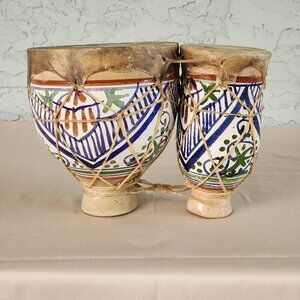 Moroccan Hand-Painted Ceramic Bongo Drums with Goat Hide – Handmade Folk Art